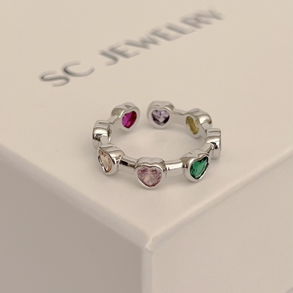 Platinum Plated Adjustable Heart Ring | Colorful Heart Zircon - Picture 4 of 8